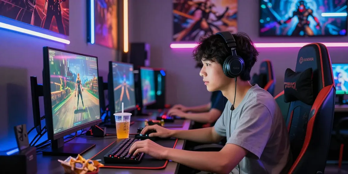 BOS88 Daftar dalam suasana gaming yang energik dengan pemain muda fokus pada layar komputer.