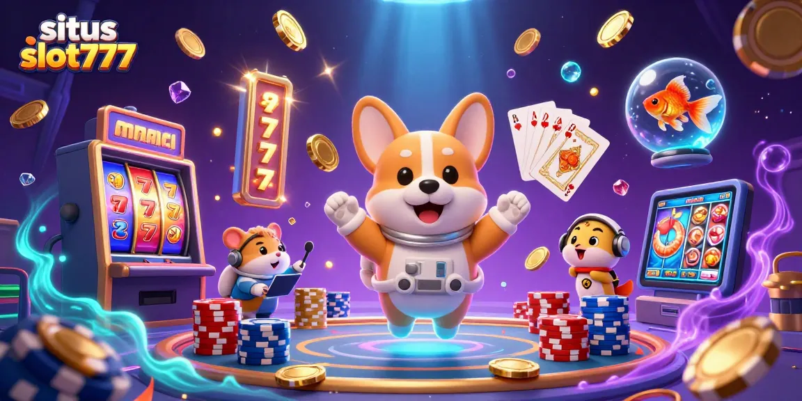 Situs slot777 showcases a playful 3D illustration of an astronaut corgi and casino elements, enhancing gaming excitement.