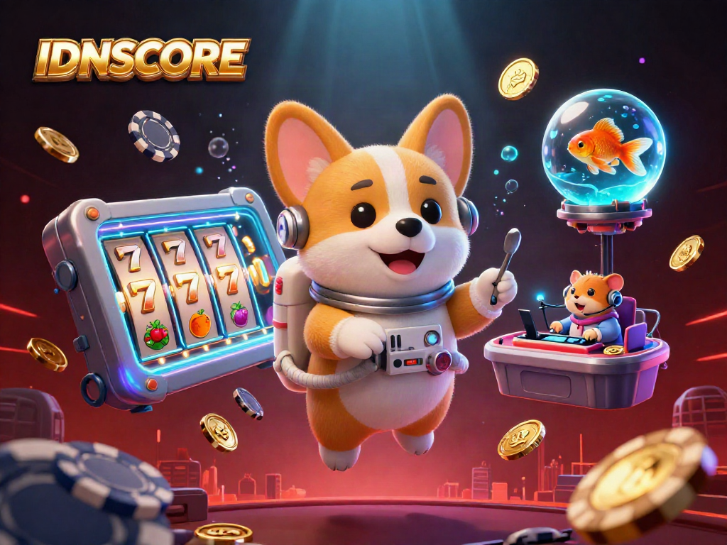 Engage with IDNSCORE in a vibrant 3D casino scene filled with slot reels and playful characters.