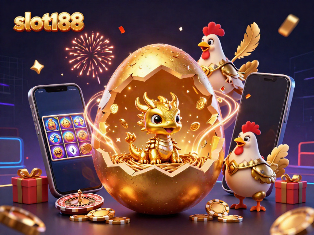 Menangkan jackpot di slot188 dengan naga emas dan chip poker dalam ilustrasi 3D yang memukau.