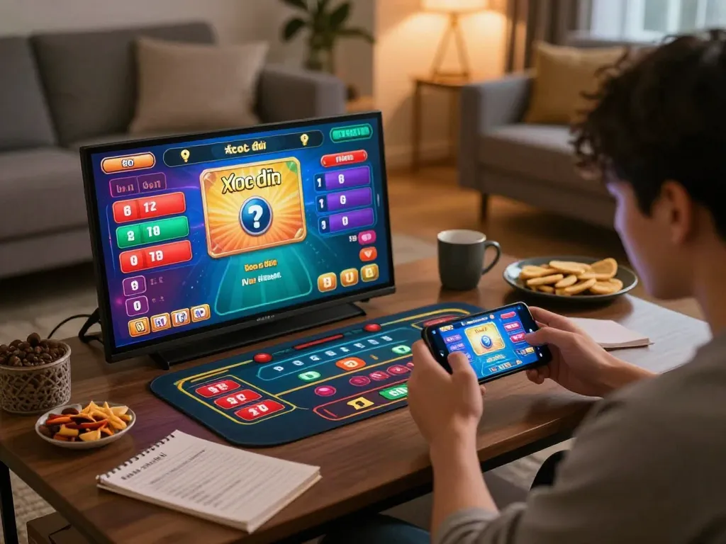 Xóc đĩa online gameplay on a smartphone showing betting options and player engagement at home.