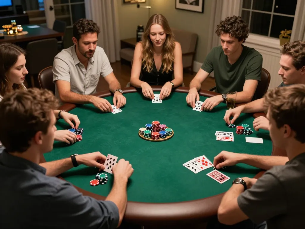 Teman-teman menikmati permainan poker yang menarik di rumah, menunjukkan momen interaktif dengan elemen oracleappshub.
