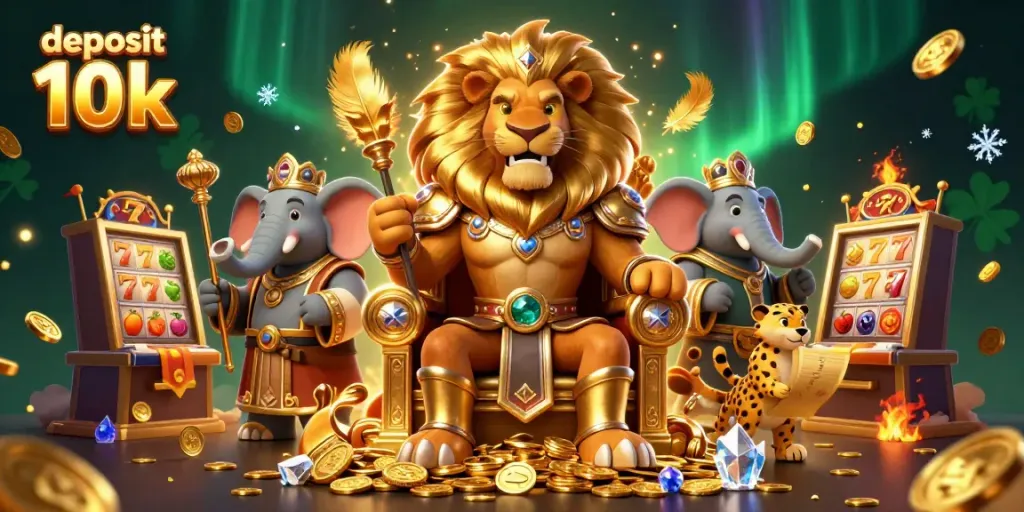 Menangkan permainan slot dengan deposit 10k, raja singa dan penasihatnya di lingkungan kasino megah.