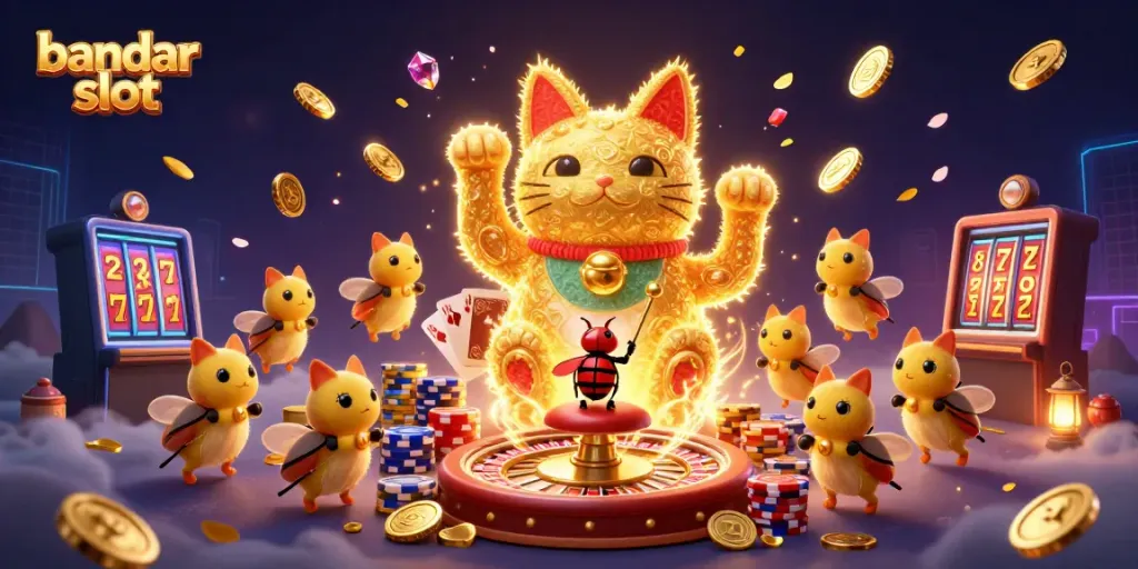 Bandar slot menghadirkan gambar kucing beruntung dalam suasana kasino yang meriah dan penuh warna.