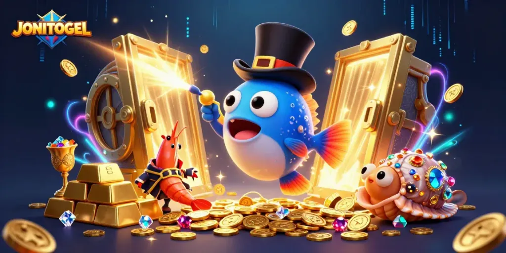 Engage with JONITOGEL's thrilling casino experience, showcasing vibrant underwater characters and glowing treasures.