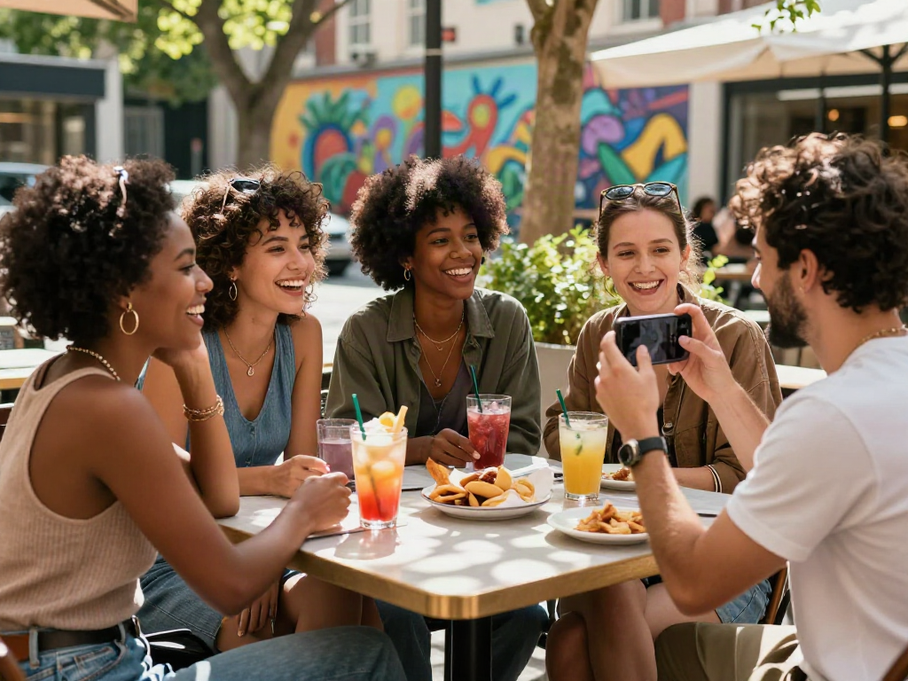 Friends enjoying drinks at an outdoor café in an urban setting, embodying the essence of lifestyle trends associated with bro138.
