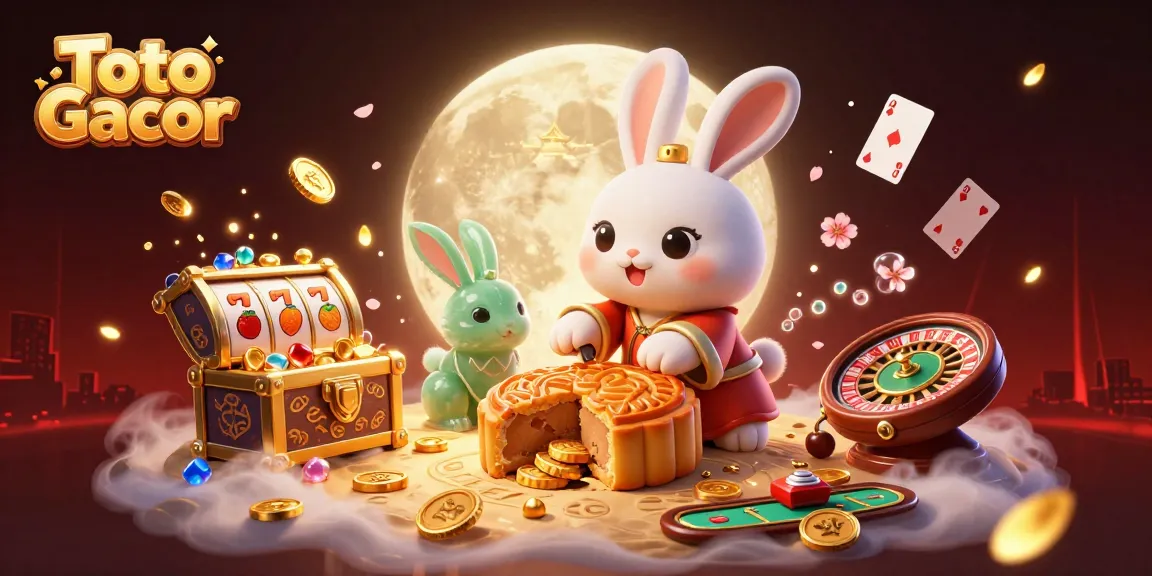 Visualisasi Toto Gacor dengan kelinci bulan dan simbol perjudian berkilauan di latar belakang