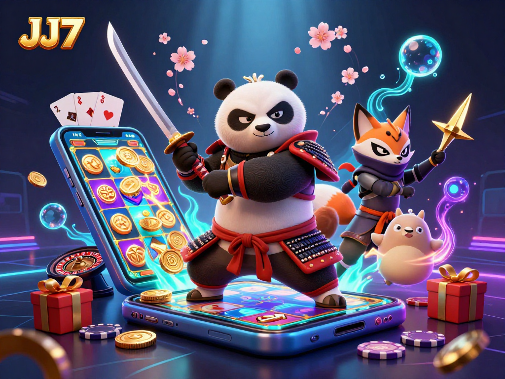 Experience exhilarating wins at JJ77 with samurai panda and ninja fox amid vibrant casino games.