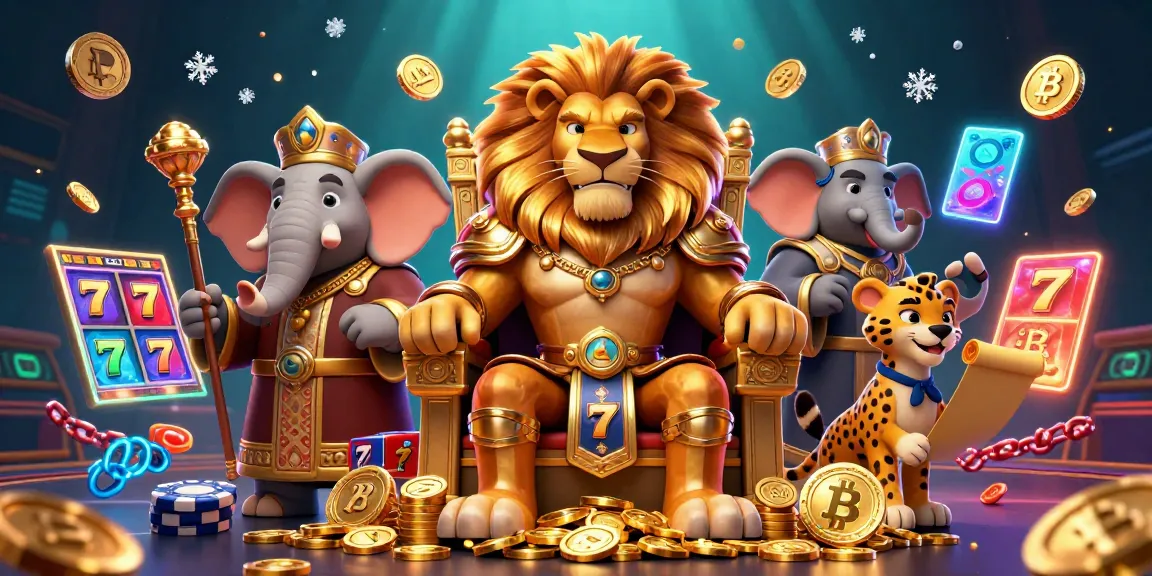 Experience the exhilarating world of LGODEWA with a lion king on a throne of gold, illuminated by flashing casino elements and cryptocurrency.