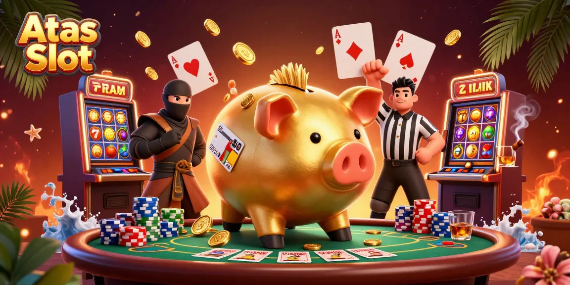Experience Atas Slot action with a golden piggy bank sumo wrestler in a vibrant casino scene.