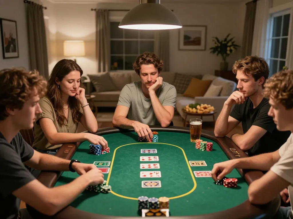 Friends enjoying a competitive game of Texas Hold'em at home, highlighting lc88 gaming experience.