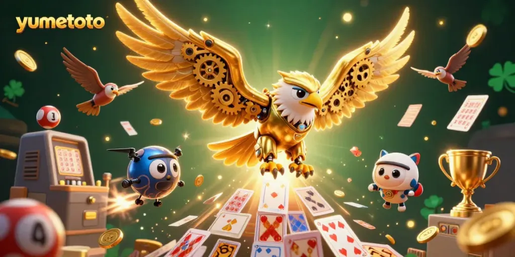 Engage with yumetoto's thrilling lottery experience featuring a cybernetic golden eagle amidst action-packed lottery elements.