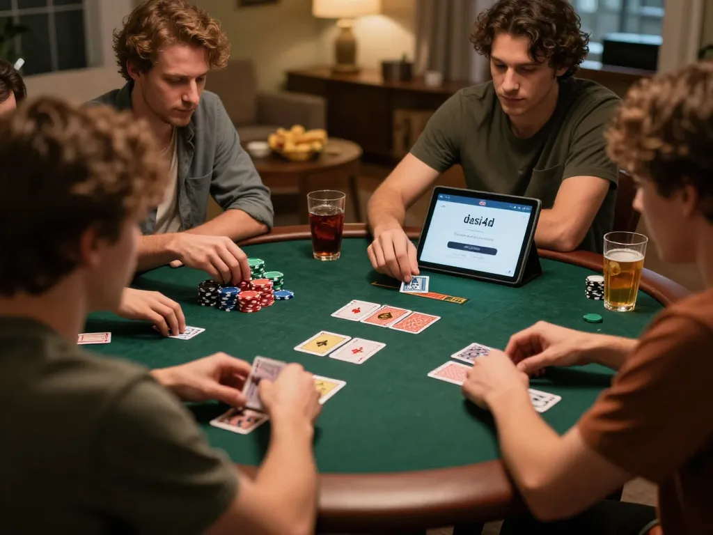 Teman-teman yang terlibat dalam permainan poker di rumah, menekankan login dasi4d untuk strategi online, suasana sosial yang semarak.