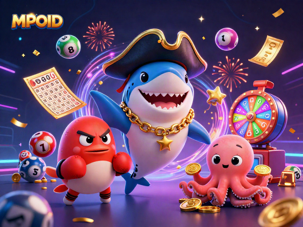 MPOID engages players with a dynamic 3D scene of a pirate shark, a pufferfish, and an octopus doling out gold coins amidst a colorful lottery backdrop.