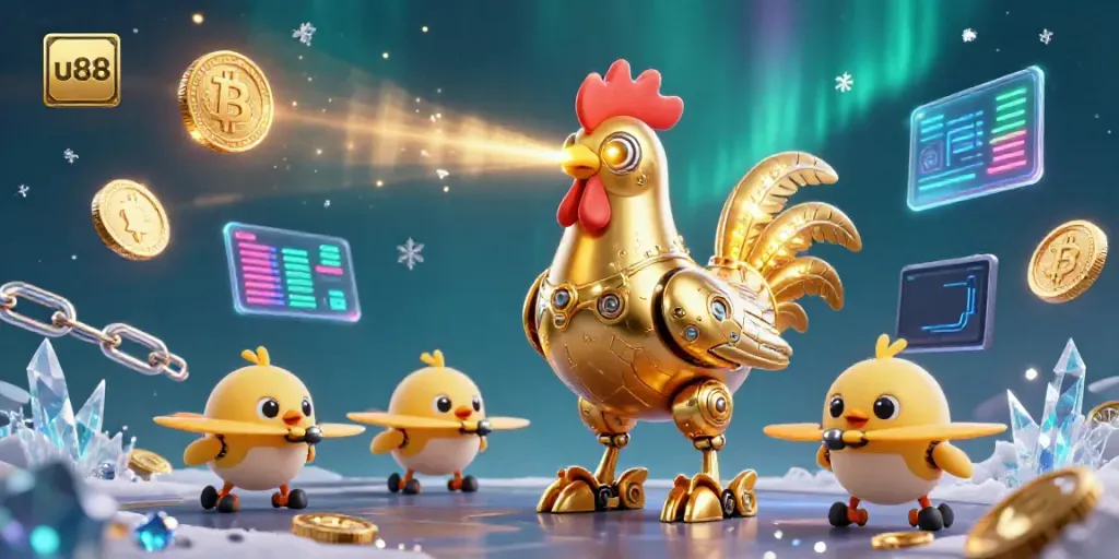 Engage in thrilling gameplay at U88 with the high-stakes golden rooster robot and crypto elements.