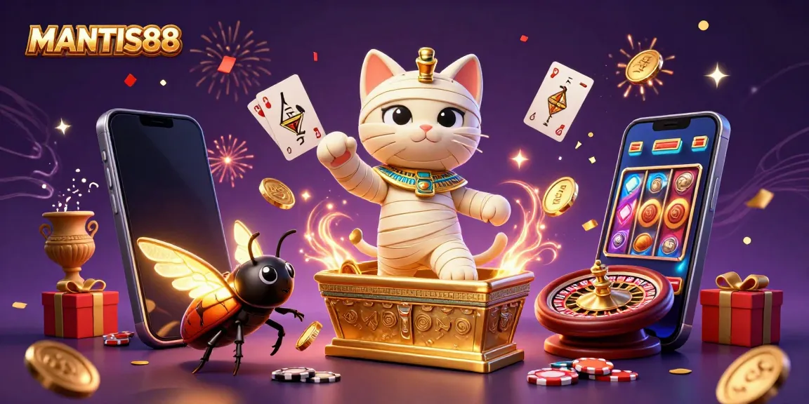 MANTIS88 offers a vibrant casino experience featuring a mummy cat, Egyptian themes, and colorful slot games.