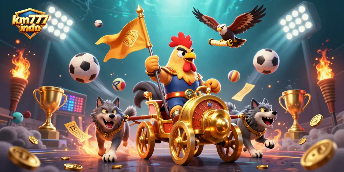 Engage with km777 indo featuring a rooster warlord in a dynamic casino atmosphere, packed with vibrant game elements.