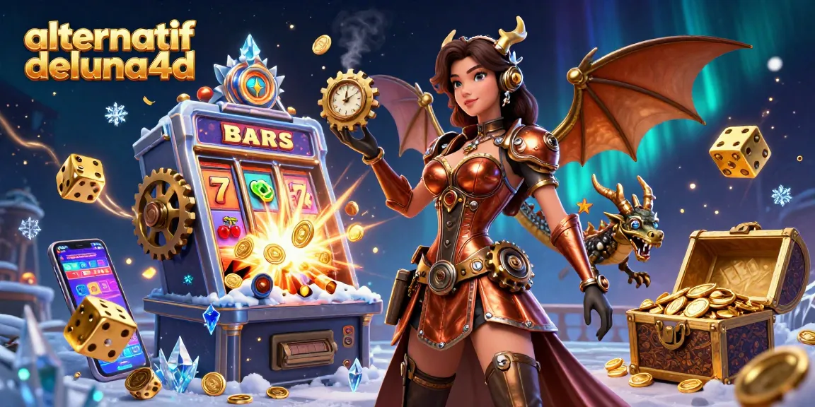 Play exciting games at alternatif deluna4d, featuring a vibrant 3D casino scene with slots, gold coins, and dynamic elements.