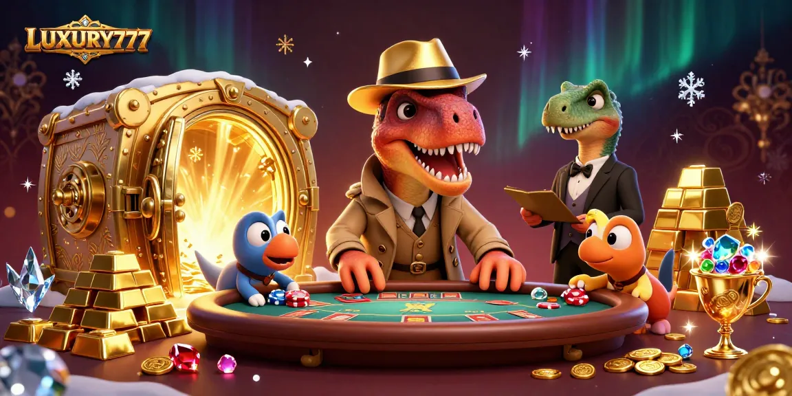 Bermain dengan LUXURY777, velociraptor kartun menghitung kartu sambil stegosaurus mengawasi di kasino.