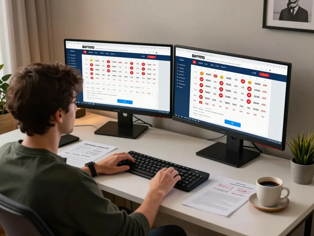 BAYITOTO player engaging with online lottery platform from cozy home office, highlighting strategic gameplay.