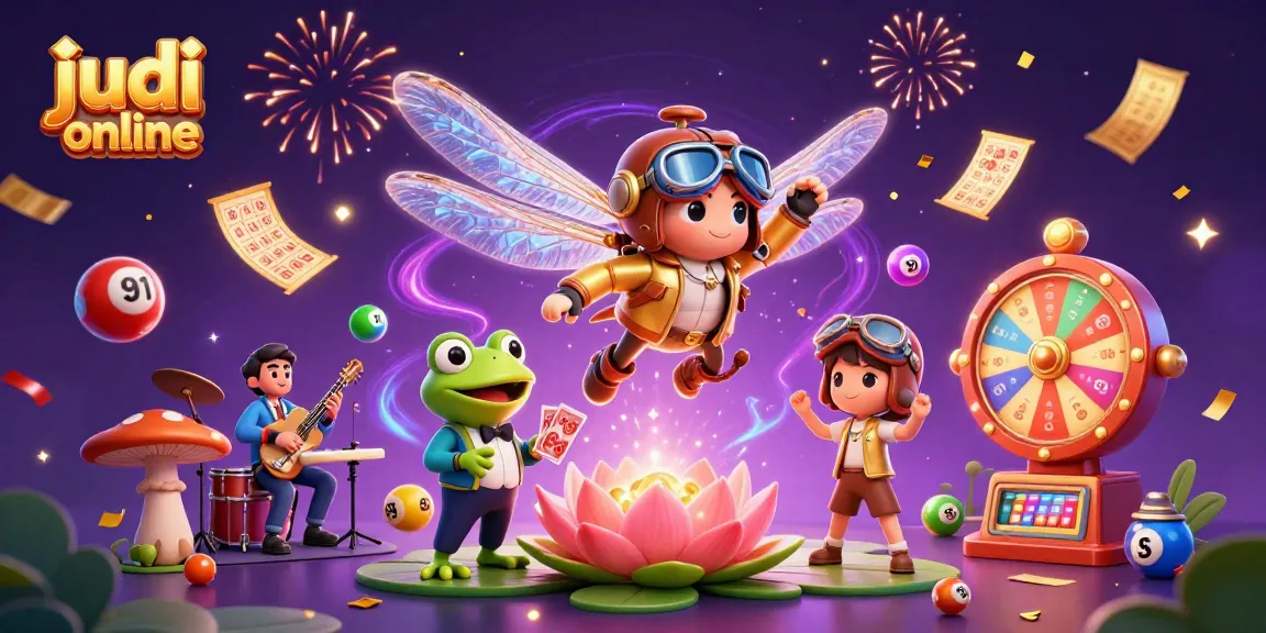 Experience judi online excitement with a lively dragonfly pilot, frog dealer, and jazz musicians.