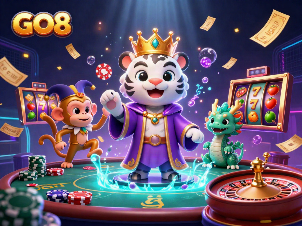 Engage with the GO8 casino experience, featuring a whimsical scene with a cartoon tiger, monkey, and dragon amidst vibrant gaming elements.
