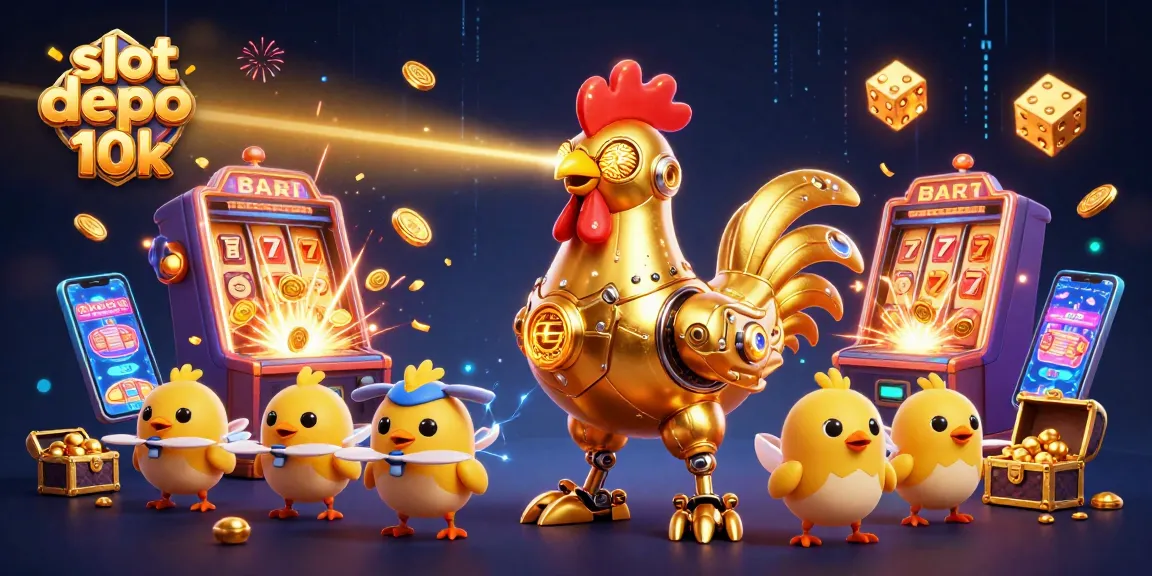 Engage with slot depo 10k action featuring a golden rooster robot amidst a vibrant casino explosion.