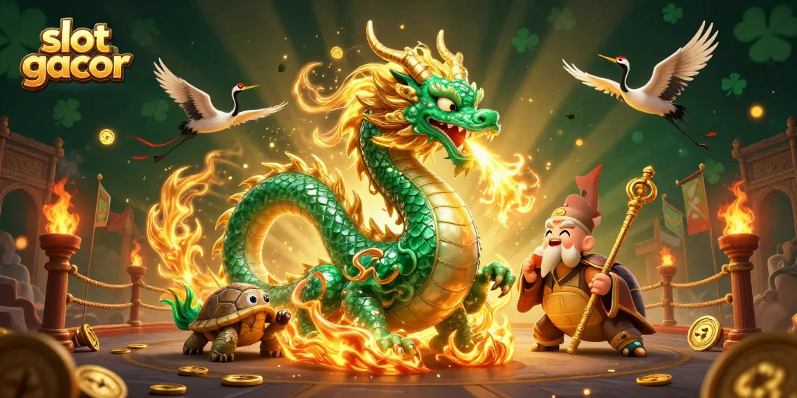 Menghadirkan slot gacor yang menguntungkan dengan naga giok dan penyu bijak dalam ilustrasi kasino 3D yang memukau.