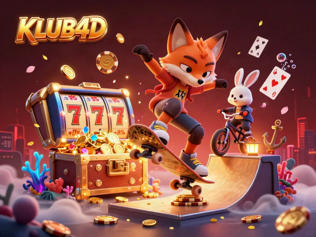 KLUB4D menghadirkan ilustrasi 3D kartun dengan karakter menarik dan elemen kasino yang dinamis.