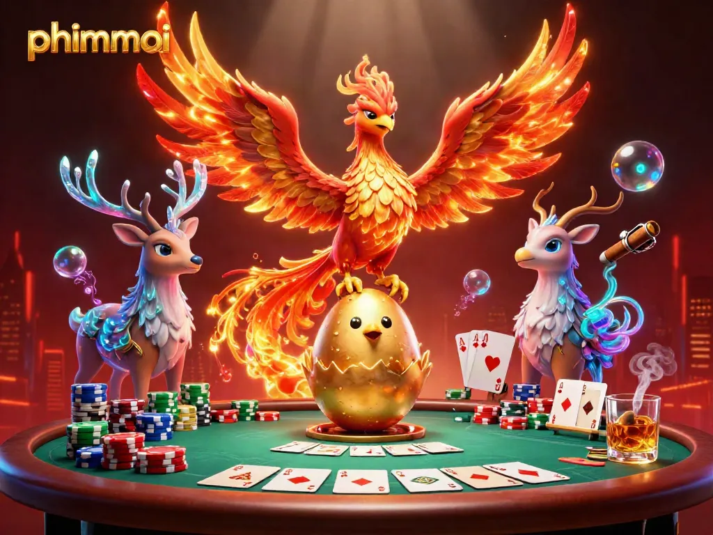 Engage with phimmoi's vibrant casino scene featuring a phoenix and poker elements for thrilling play.