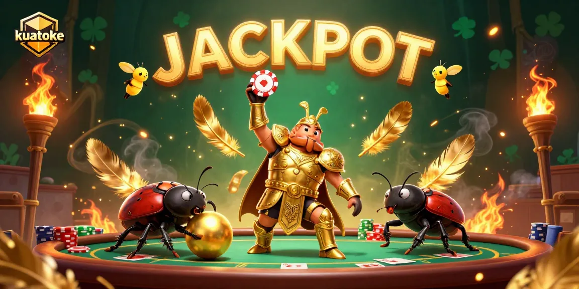 kuatoke brings excitement as a hercules beetle wins with poker chips in this lively casino scene.