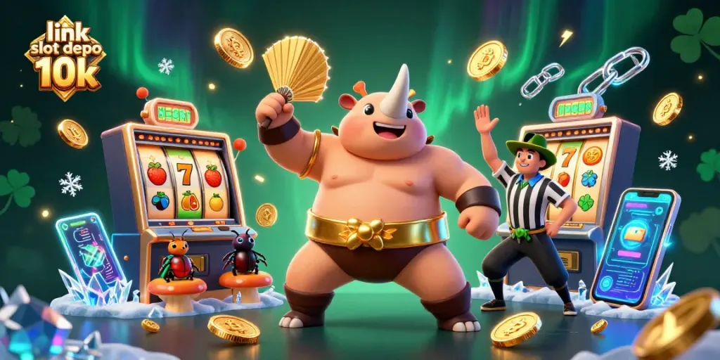 Engage with the link slot depo 10k dynamic scene featuring a beetle champion amidst slot reels and crypto coins.