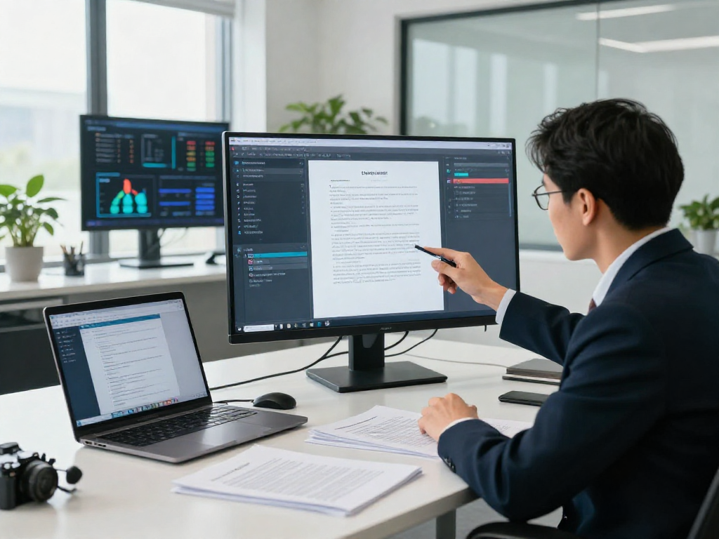 Professional analyzing document fraud detection tools in a modern office setting with digital analytics and printed documents.