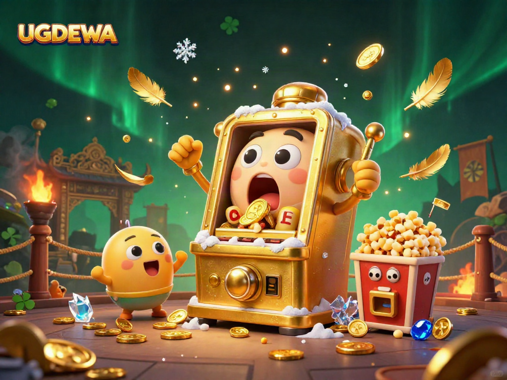 UGDEWA showcases a lively golden slot machine hitting a jackpot among cheering mini slots and a popcorn machine.