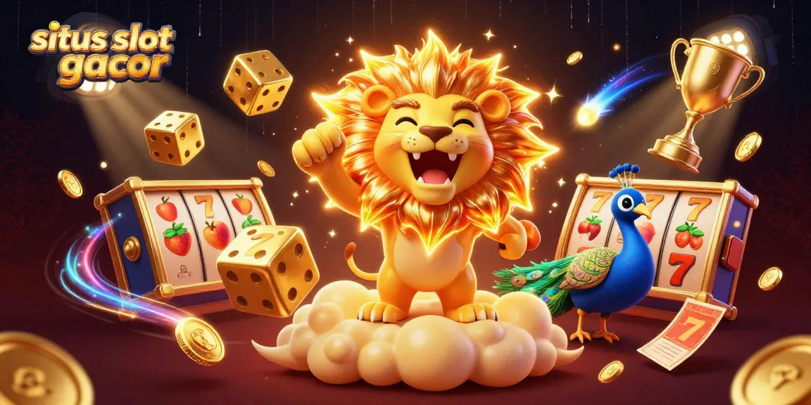 Engage with the thrilling situs slot gacor scene featuring a roaring lion, golden dice, and vibrant slot elements.