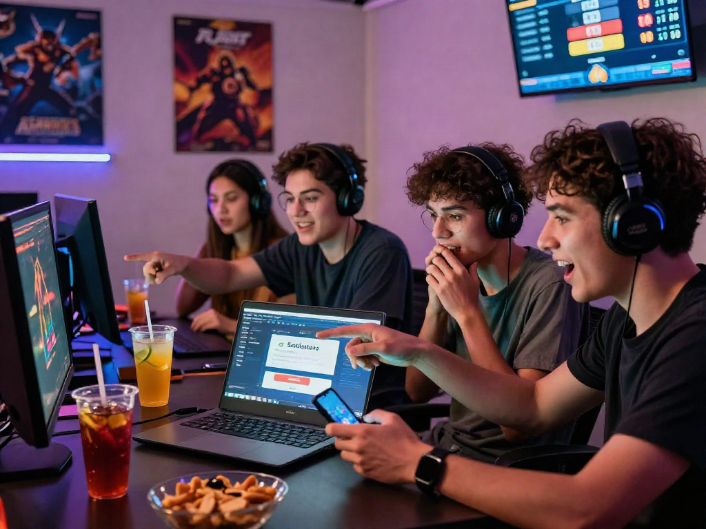 Diverse friends enjoying Seributoto Login on their laptop in a cozy gaming atmosphere.