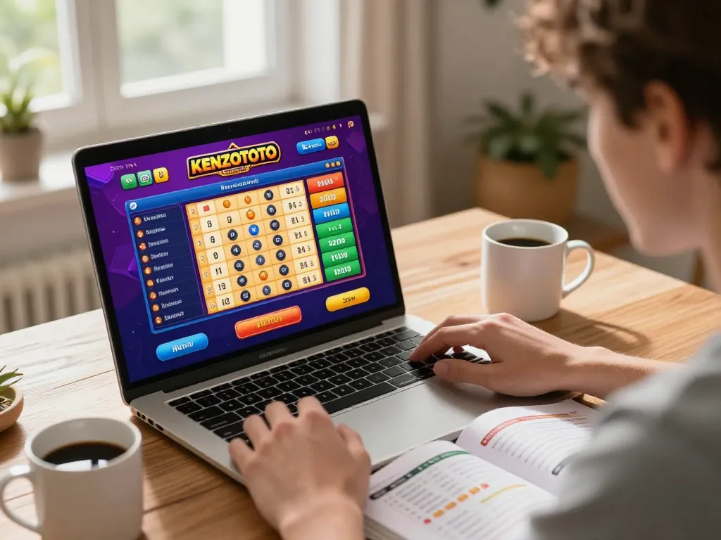 Pengguna terlibat menganalisis hasil lotere KENZOTOTO di laptop, menunjukkan perjudian online yang dinamis.