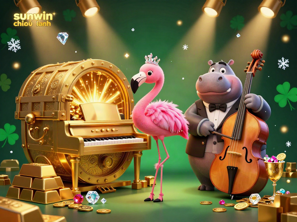 Experience the vibrant world of sunwin chính hãng with dazzling treasures and lively characters in this engaging casino illustration.