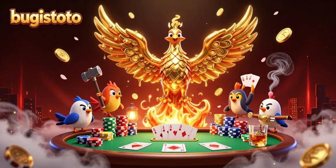 Permainan bugistoto dengan phoenix emas dan tumpukan chip poker yang dinamis.