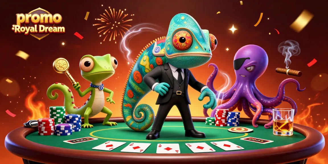 Engage in the excitement of promo top up Royal Dream with a thrilling casino scene featuring unique characters and vibrant colors.