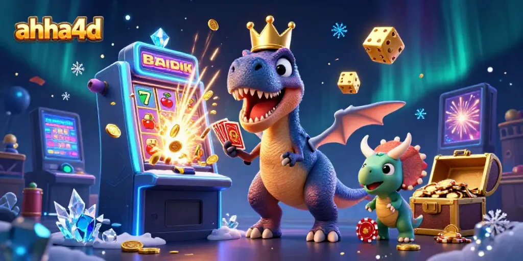 Aksi seru di ahha4d, Tyrannosaurus Rex berjubah emas, dan teman-teman bermain kartu dan menumpuk chip emas.