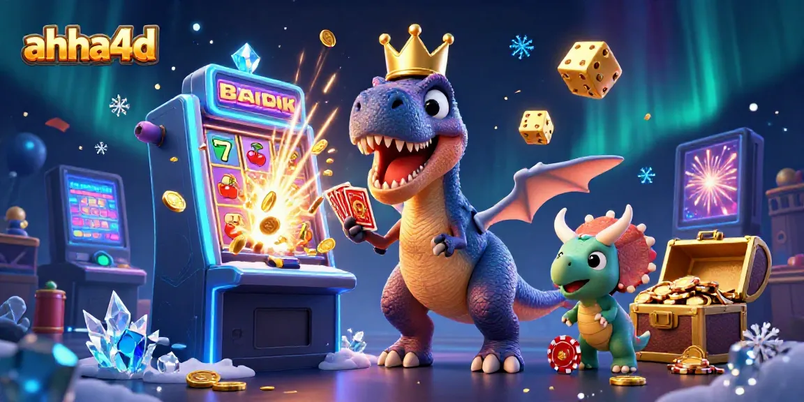Aksi seru di ahha4d, Tyrannosaurus Rex berjubah emas, dan teman-teman bermain kartu dan menumpuk chip emas.