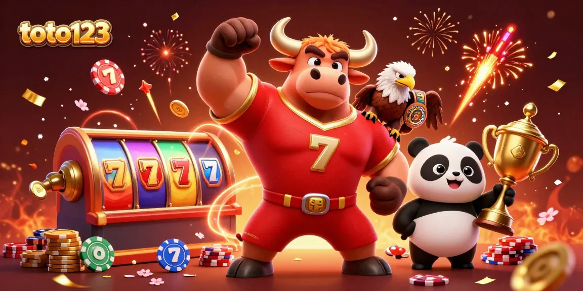 Engage and win with toto123's vibrant casino theme featuring a bull mascot, eagle, and panda.