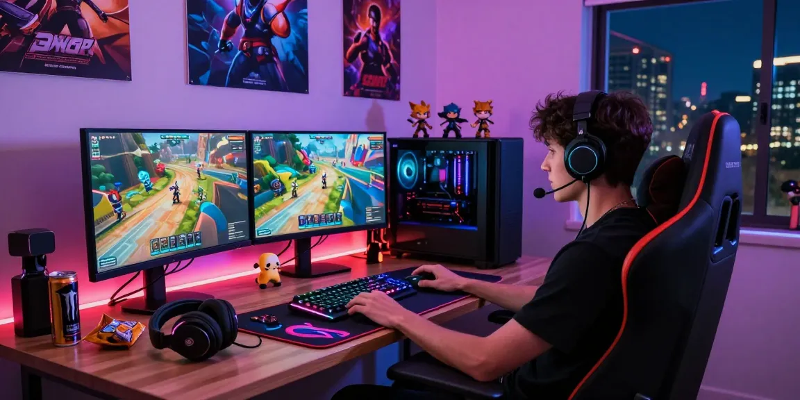 Penggemar natunatoto bermain game di lingkungan gaming yang cerah dengan peralatan modern.