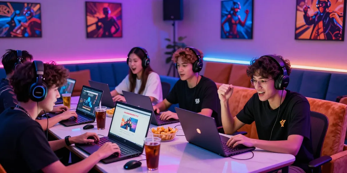 Ruang permainan modern dengan LUXURY777 Link Alternatif ditampilkan di laptop para pemain yang bersemangat.