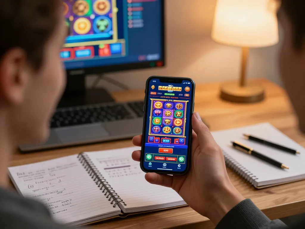 LGO99 Situs Game Online Terpercaya Di INDONESIA showcases a player engaging with a captivating casino app on their smartphone.
