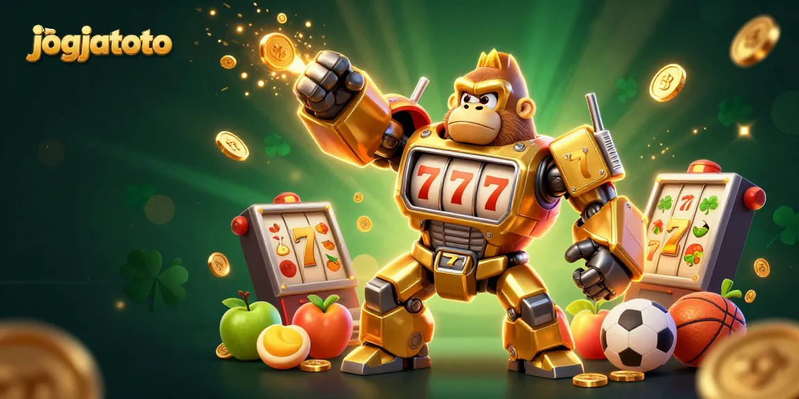 Experience excitement with jogjatoto's unique 3D illustrative gaming scene featuring vibrant slot game elements.