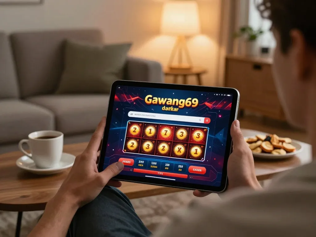 Player exploring gawang69 daftar on tablet, vibrant online casino gaming scene in modern home.