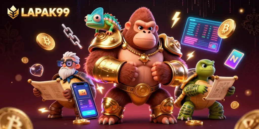 LAPAK99 invites bettors into an exciting casino scene featuring vibrant characters and elements.
