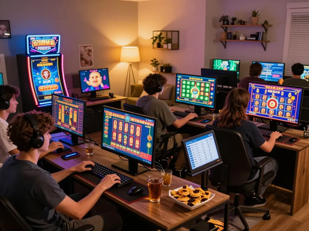Engaging scene of players enjoying situs gacor slot games on their devices in a cozy, inviting home gaming environment.